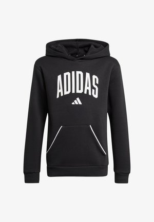 Sudadera con capucha negra de Adidas con el nombre y logo de la marca en blanco en el frente, con un bolsillo tipo canguro y detalles de vivos blancos.