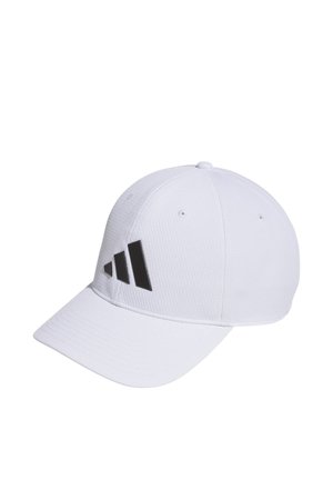 Weißes Baseballcap mit schwarzem, schrägem Drei-Streifen-Logo auf dem linken vorderen Panel, texturiertem Stoff und gebogenem Schirm.