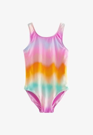 Maillot de bain une pièce avec un motif tie-dye fluide de rose, orange, jaune et bleu. Confectionné en tissu doux, il présente une encolure dégagée et des bretelles fines.