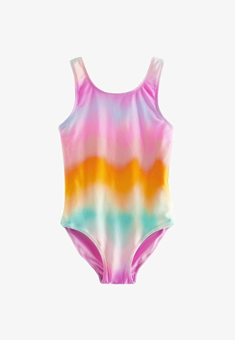 Baddräkt i en del med ett svävande batikmönster i rosa, orange, gult och blått. Tillverkad av ett mjukt tyg, har en rundad halsringning och tunna axelband.
