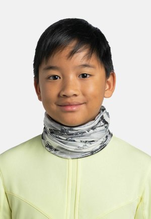Multi-functional neck gaiter in a white and gray design, featuring an abstract pattern, made from soft, stretchy fabric, worn around the neck.