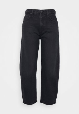 Zwarte, hooggetailleerde straight-leg jeans met knoop- en ritssluiting, voorzakken en riemlussen.