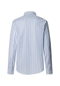 Hellblau- und weißgestreiftes Langarmhemd mit Button-Down-Kragen, verstellbaren Manschetten und abgerundetem Saum. Baumwollstoff, glatte Textur.