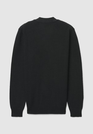 Maglione nero lavorato a maglia con superficie strutturata, dotato di collo e polsini a costine e maniche lunghe. Vista posteriore con design senza cuciture.