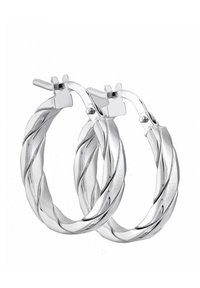 Srebrni obroči z zvito zasnovo, ki imajo sijoč kovinski videz in zaskočni zapiralo za varno nošenje.