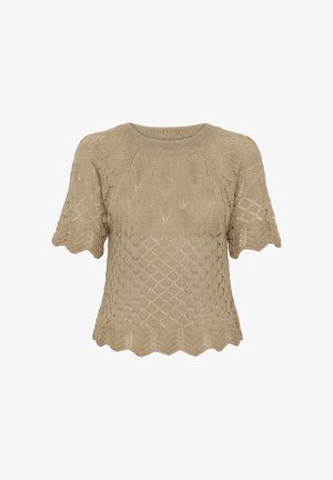 Bež kratka majica z pletenim vzorcem z luknjami v obliki diamantov in valovitim robom. Lahka, sproščen kroj.