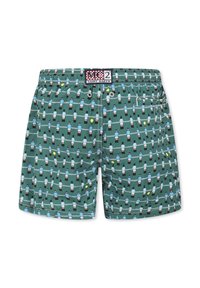 Pantaloni da bagno da uomo in tessuto teal con un motivo ripetitivo di piccole figure che tengono racchette e palline, dotati di una cintura elasticizzata.