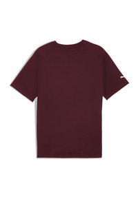 Bordeaux kortærmet T-shirt lavet af blød bomuld, med rund hals og et lille hvidt logo på venstre ærme.