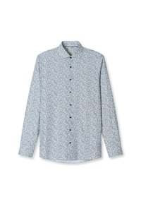 Chemise à manches longues à boutons avec un motif floral bleu et blanc complexe, col évasé et boutons foncés, présentée sur fond blanc.