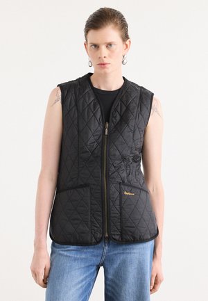 Zwarte gewatteerde vest met een rits aan de voorkant, twee voorzakken en een subtiel logo. De stof heeft een soepele textuur en is mouwloos.