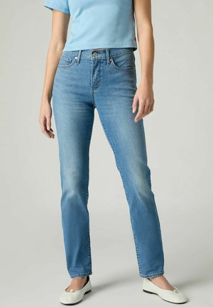 Jasnoniebieskie dżinsy z denimu o prostych nogawkach, z efektami sprania, pięcioma kieszeniami oraz standardowym zapięciem na guzik i zamek błyskawiczny.