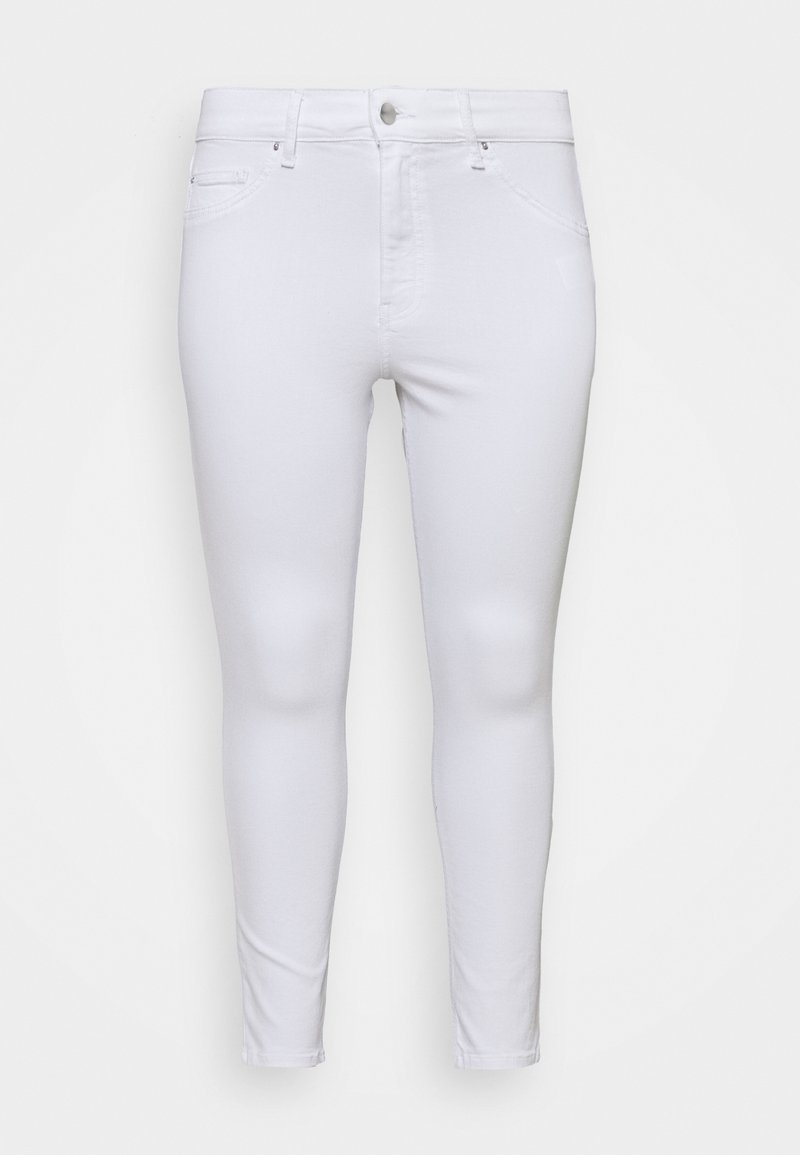 Pantalones vaqueros ajustados blancos de denim, con una cinturilla alta, bolsillos frontales y una textura suave con detalles de costura mínimos.