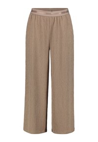 Beige, weite Hose aus strukturiertem Stoff mit einem elastischen Bund und einer Satinband-Akzent am Bund.