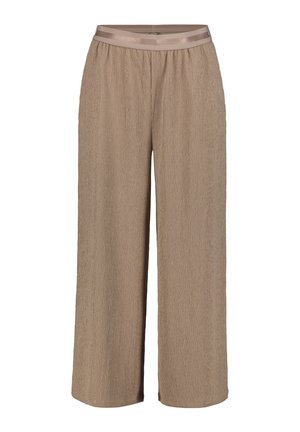 Beige, wide-leg trousers with a textured fabric, featuring an elastic waistband and a satin ribbon accent at the waist.