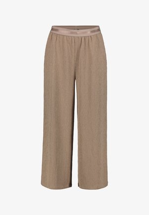 Beige, weite Hose aus strukturiertem Stoff mit einem elastischen Bund und einer Satinband-Akzent am Bund.
