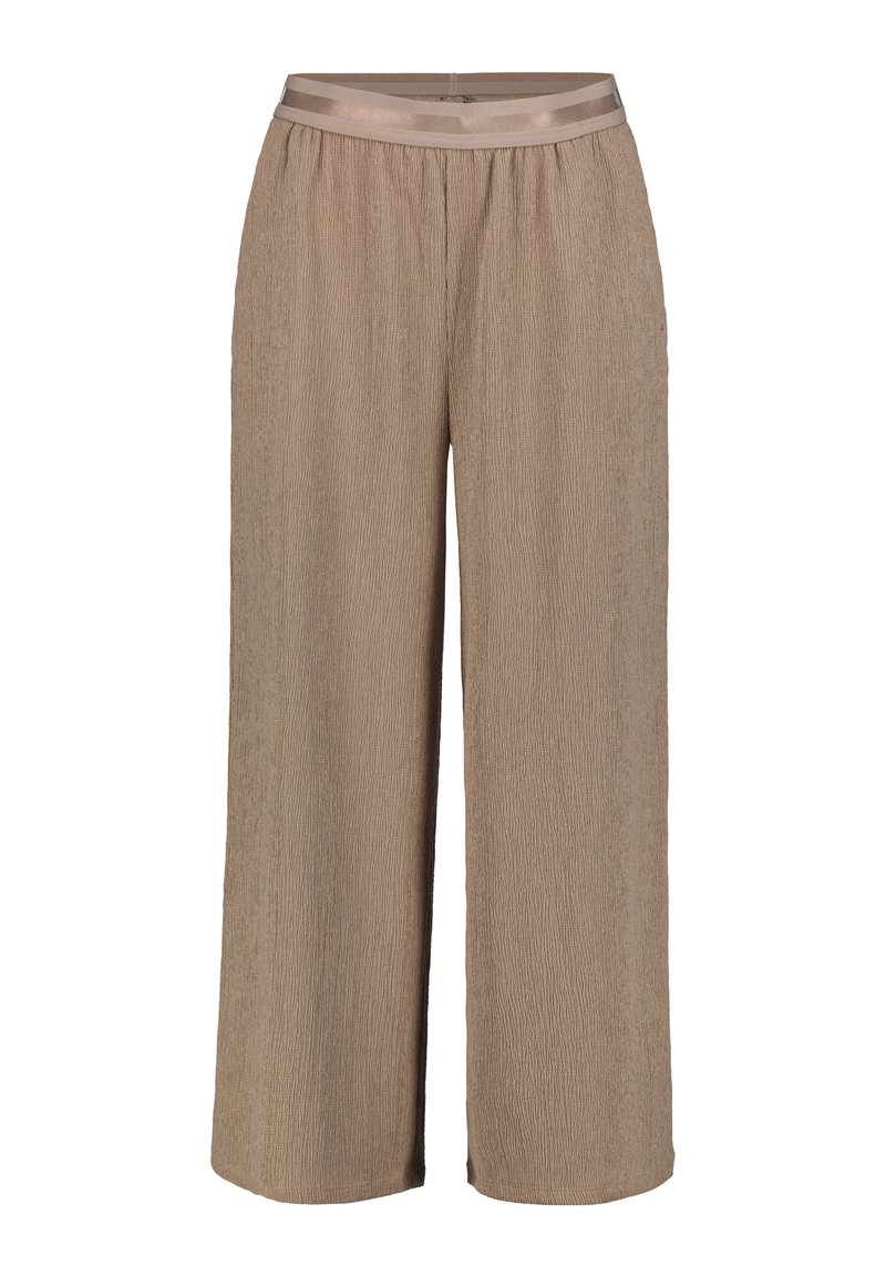 Beige, weite Hose aus strukturiertem Stoff mit einem elastischen Bund und einer Satinband-Akzent am Bund.