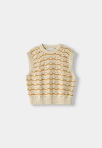 Top in maglia senza maniche di colore crema con un motivo a onda in tan. Presenta orlo e scollatura a coste. Il design testurizzato conferisce un aspetto a più strati.