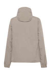 Light beige jacket with a hood, made from smooth, waterproof material. Features elastic cuffs and a subtle logo on the back.