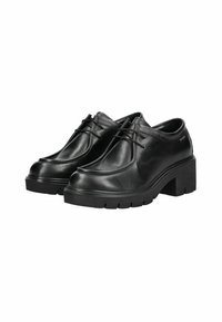 Chaussures en cuir noir avec un design à bout rond, semelle plateforme en caoutchouc, lacets minimalistes et texture lisse. Convient pour diverses occasions.