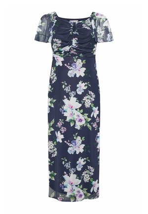 Vestido midi azul oscuro con estampado floral, busto fruncido, escote con abertura en forma de lágrima y mangas cortas abullonadas de tela translúcida.