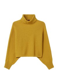 Pull en col roulé jaune moutarde, col et poignets côtelés, conception courte, tissu tricoté texturé, manches longues, coupe décontractée.