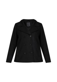 Black wool blend peacoat featuring a double-breasted design, large notched lapels, and six round buttons. Soft, textured finish.