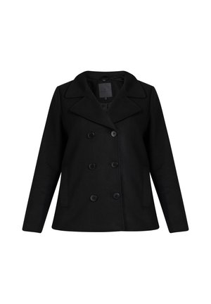 Juodas vilnos mišinio pikoatė su dviem eilėmis sagų, didelėmis iškirptėmis ir šešiais apvaliais mygtukais. Minkštas, tekstūruotas paviršius.