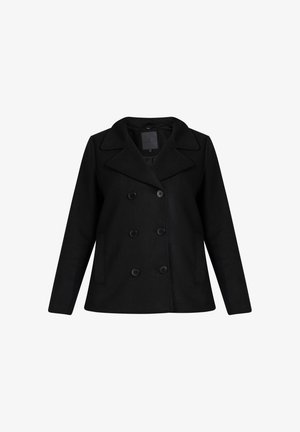 Juodas vilnos mišinio pikoatė su dviem eilėmis sagų, didelėmis iškirptėmis ir šešiais apvaliais mygtukais. Minkštas, tekstūruotas paviršius.