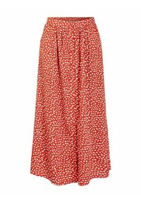 Falda midi roja con cintura elástica, que presenta un patrón abstracto blanco en toda su superficie y una silueta fluida. Tela ligera.