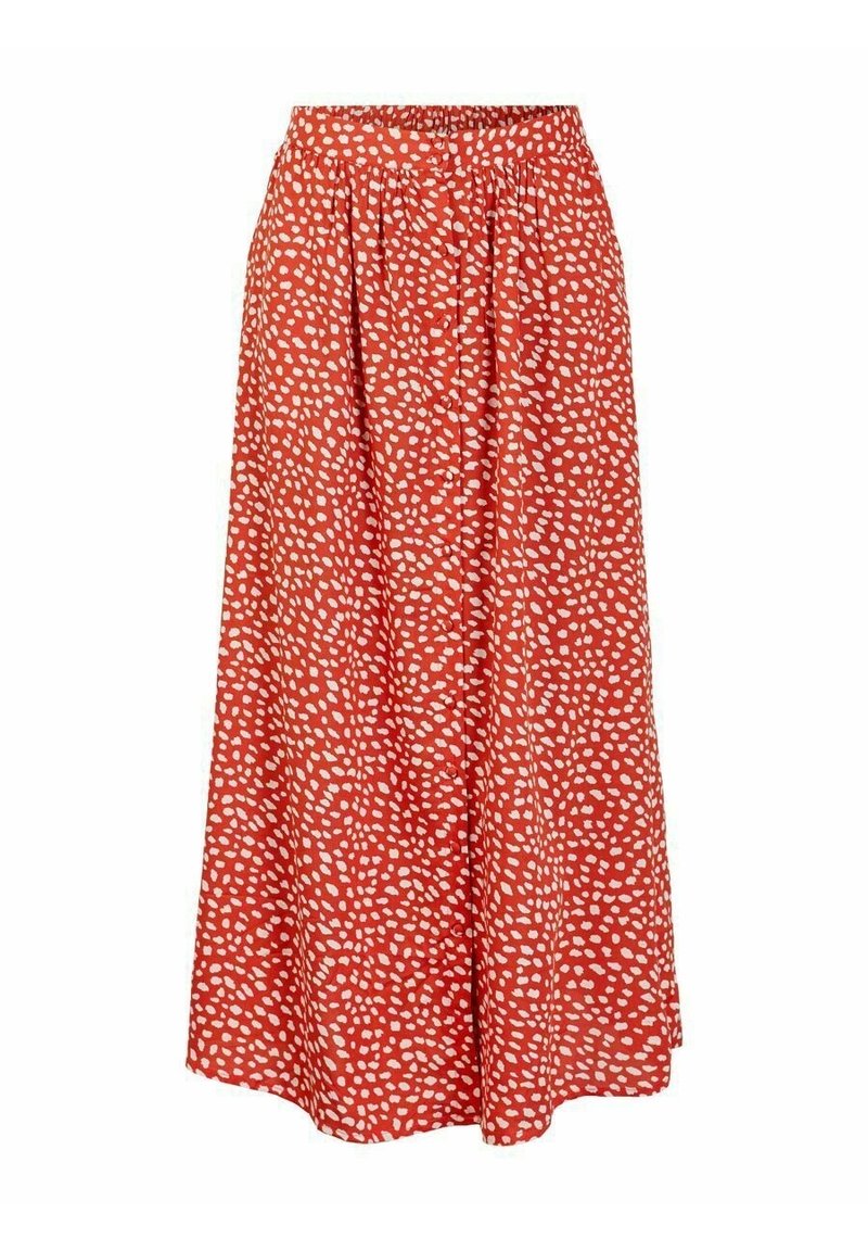 Falda midi roja con cintura elástica, que presenta un patrón abstracto blanco en toda su superficie y una silueta fluida. Tela ligera.