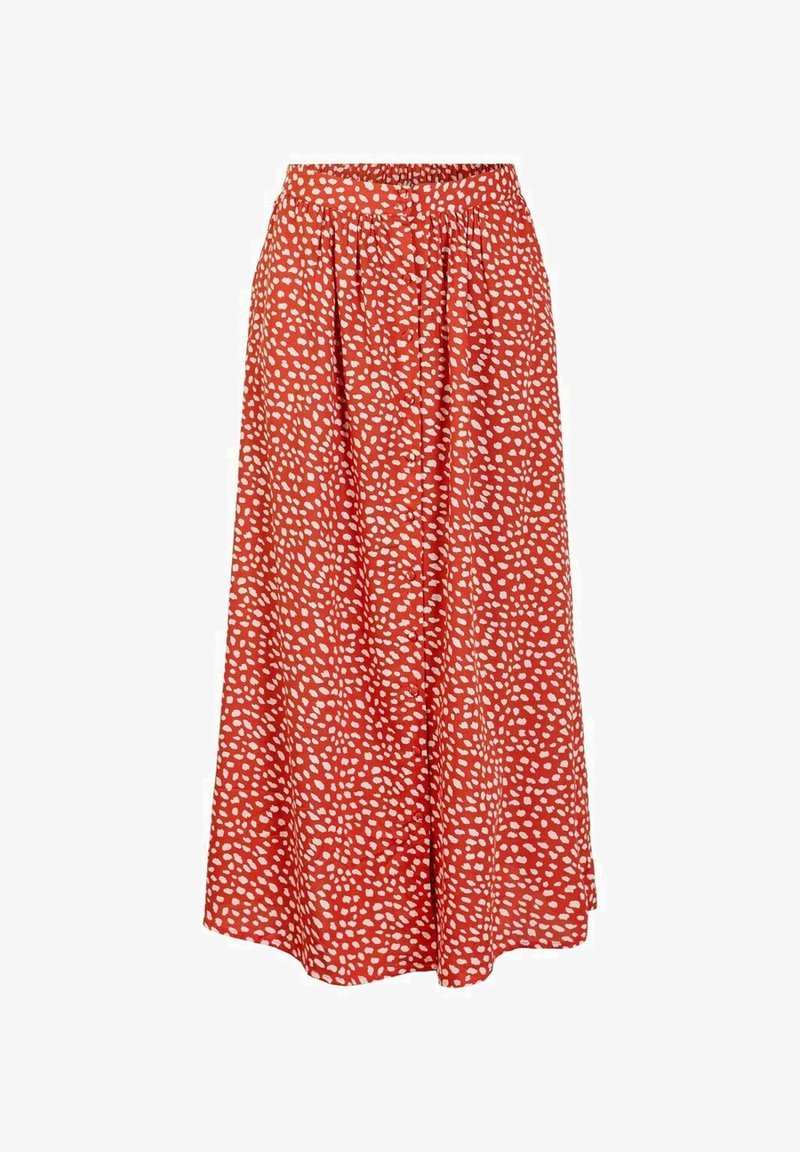 Gonna midi rossa con elastico in vita, caratterizzata da un motivo astratto bianco in tutta la superficie e una silhouette fluida. Tessuto leggero.