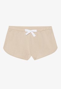 Beige bomullsshorts med en mjuk textur, med en vit dragsko i midjan och rundade nederkanter för en avslappnad passform.