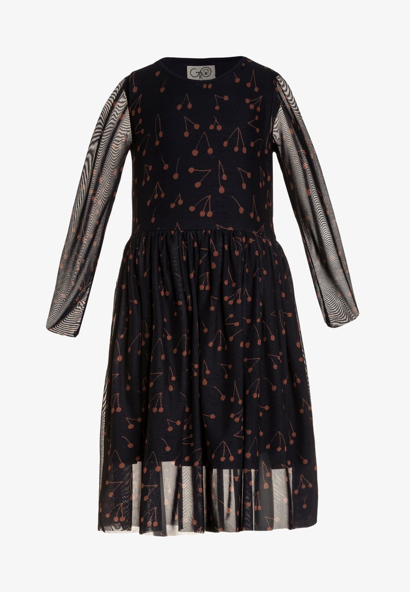 Robe noire à manches longues avec manches transparentes et superposition, ornée d'un motif de cerises marron, col rond et taille froncée.