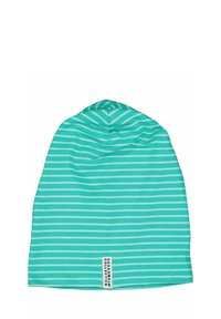 Turkoosi pipo, jossa on valkoisia vaakaraitoja. Pehmeä kangas, kapea muoto ja pieni etiketti sivussa.