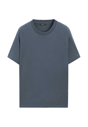 Effen donkergrijs T-shirt met korte mouwen en een ronde hals met geribbelde kraag, plat weergegeven tegen een witte achtergrond.