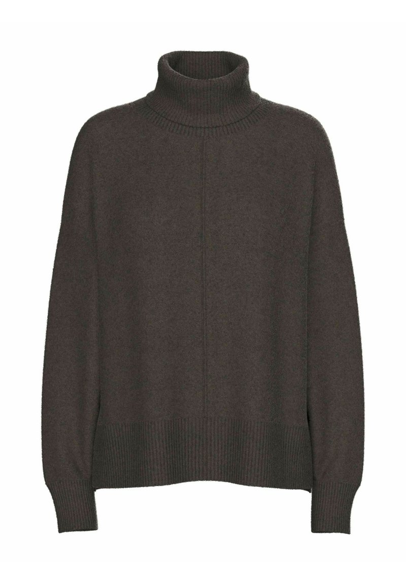 Maglione a collo alto grigio scuro realizzato in morbido tessuto lavorato a maglia. Presenta polsini e orlo a coste, vestibilità rilassata e una cucitura centrale.