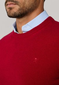 Homme portant un pull en tricot rouge par-dessus une chemise à col rayée bleue et blanche, montrant sa barbe ainsi qu'une partie de son cou et de son menton.