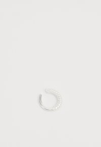 Silver hoop earring with a curved design, adorned with clear crystals along the top half, featuring a polished metal finish.