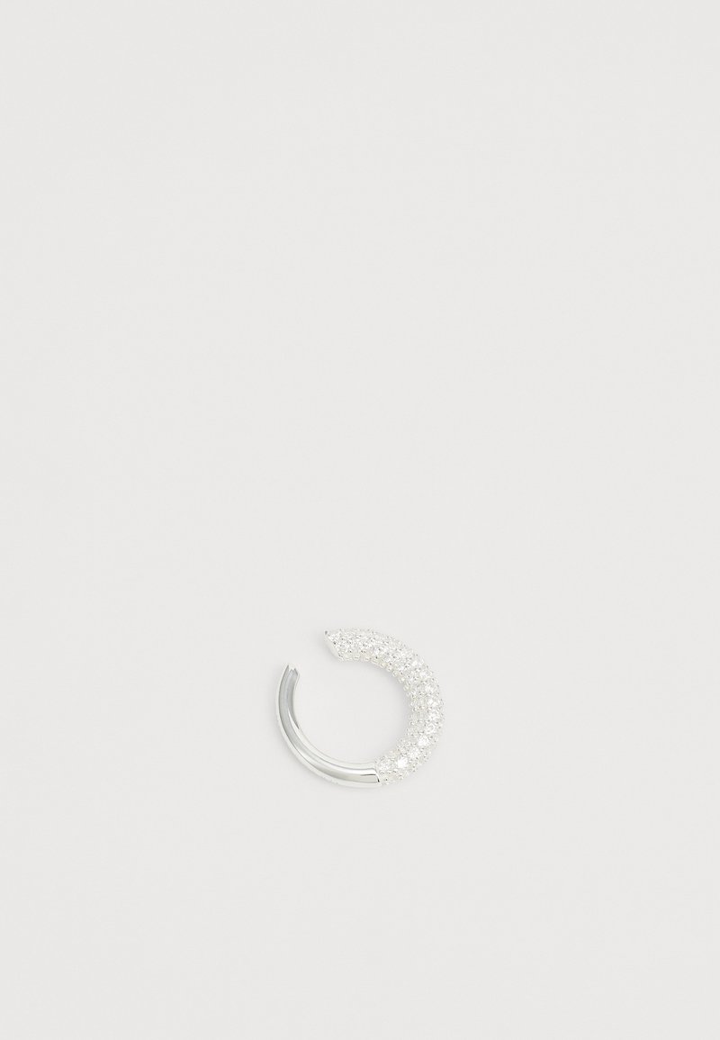 Silver hoop earring with a curved design, adorned with clear crystals along the top half, featuring a polished metal finish.