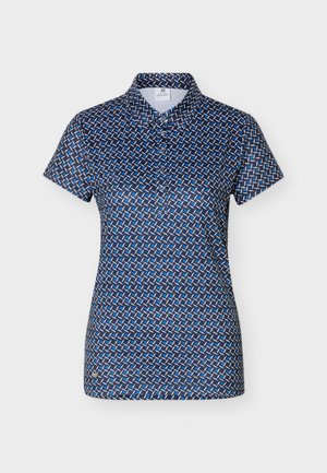 Γυναικεία μπλούζα πόλο με κοντά μανίκια σε ναυτικό μπλε με μπλε και λευκό γεωμετρικό μοτίβο και πατιλέτα με κουμπιά.