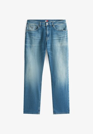 Helle blaue gerade Jeans mit einem verblassten Ombre-Effekt, aus Denim gefertigt, mit fünf Taschen und einem Knopfverschluss. Dezibles Markenlabel am Bund.