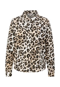 Chemise à imprimé léopard avec col, manches longues, boutonnage devant, et une texture douce et lisse en beige et noir.