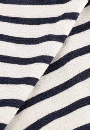 Gestreepte breistof met afwisselende horizontale strepen in marineblauw en wit. Zachte textuur met een gladde afwerking.