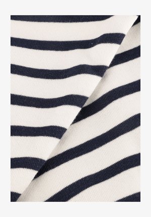 Gestreepte breistof met afwisselende horizontale strepen in marineblauw en wit. Zachte textuur met een gladde afwerking.