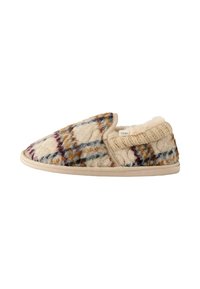 Chausson en laine avec un motif en tartan beige et multicolore, doublure intérieure douce et accent tricoté à la cheville. Semelle rembourrée pour le confort.