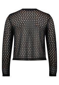 Schwarze, langärmelige Strickjacke mit offenem Muster; leicht und strukturiert. Verfügt über einen runden Halsausschnitt und einen verkürzten Saum.