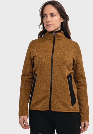 Fleecejacke in strukturiertem Braun mit hohem Kragen, schwarzen Reißverschlusstaschen und kontrastierenden Akzenten entlang des Saums und der Bündchen.