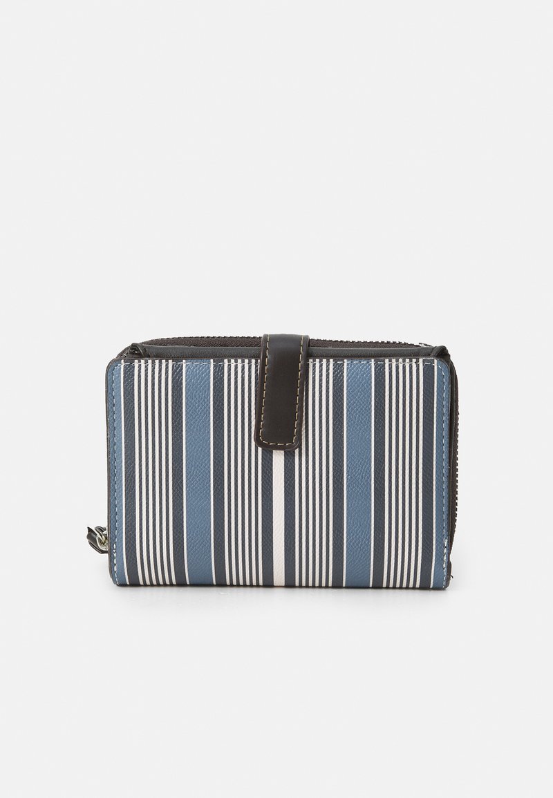 Portofel realizat dintr-un material texturat în dungi albastre și albe, având un accent din piele maro și închidere cu fermoar. Formă compactă, rectangulară.