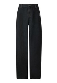 Vaqueros de denim negro de pierna ancha con una cintura alta, que cuentan con diseño de cinco bolsillos y un pequeño detalle bordado en la parte delantera.