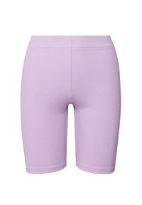 Lila ribbade cykelbyxor med en åtsittande design, som har ett elastiskt tyg och ett hög midja, med en jämn textur och ingen synlig hårdvara.